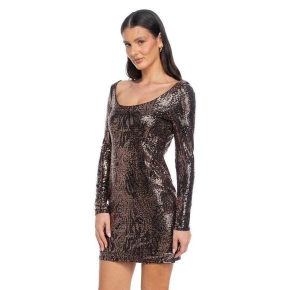 NWT JUMP APPAREL Stretch Sequin Open Back Mini Dress in Espresso, XS - Picture 2 of 8